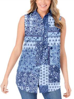 Woman Within Perfect Sleeveless Shirt French Blue Patched Paisley Plus 14/16 NWO